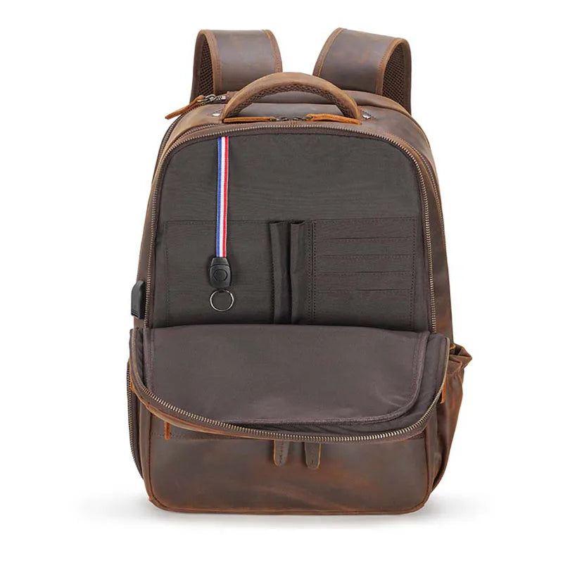 Men's Genuine Leather Zipper Closure Solid Pattern Backpack