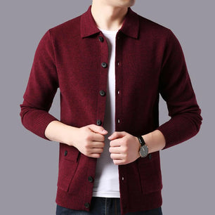 Men's Viscose Turn-Down Collar Long Sleeve Solid Pattern Sweater