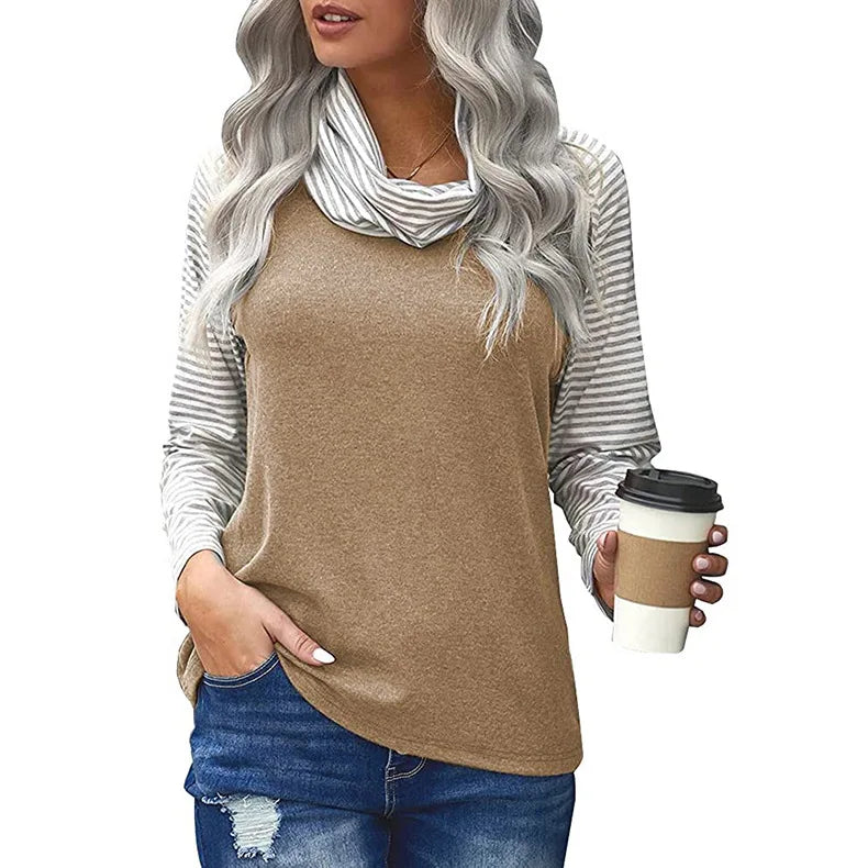 Women's Polyester Turtleneck Long Sleeves Striped Pattern Tops