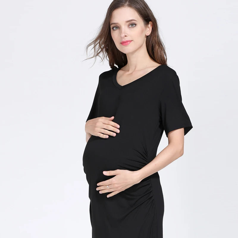 Women's Spandex O-Neck Short Sleeve Solid Pattern Maternity Dress