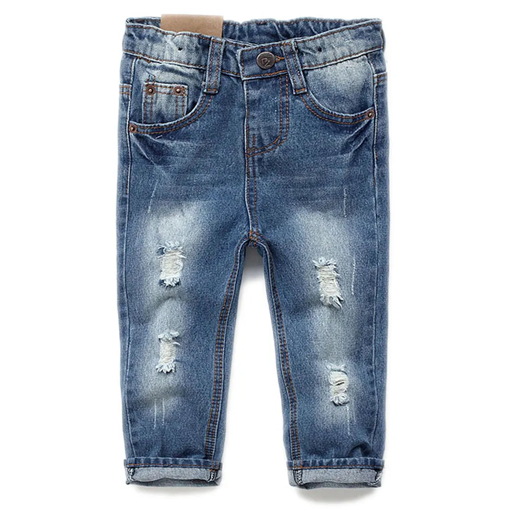 Kid's Cotton Elastic Waist Closure Ripped Denim Casual Jeans