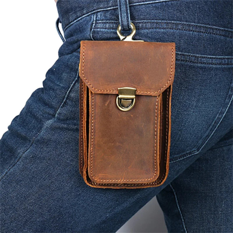 Men's Genuine Leather Solid Pattern Hasp Closure Waist Pack