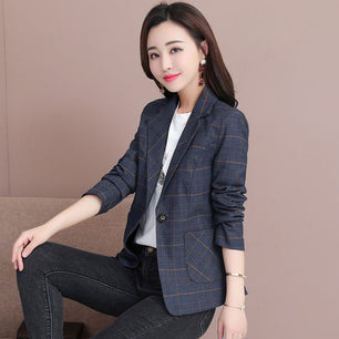 Women's Notched Collar Full Sleeves Single Button Plaid Blazers