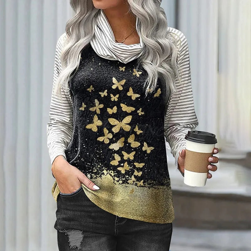 Women's Polyester Turtleneck Long Sleeves Striped Pattern Tops