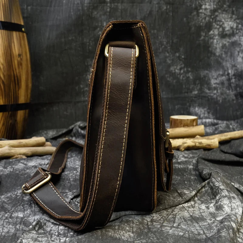 Men's Genuine Leather Zipper Closure Solid Pattern Shoulder Bag