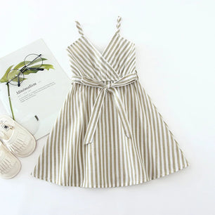 Kid Girl's V-Neck Cotton Sleeveless Striped Pattern Elegant Dress