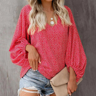 Women's V-Neck Polyester Long Sleeve Printed Pattern Blouses