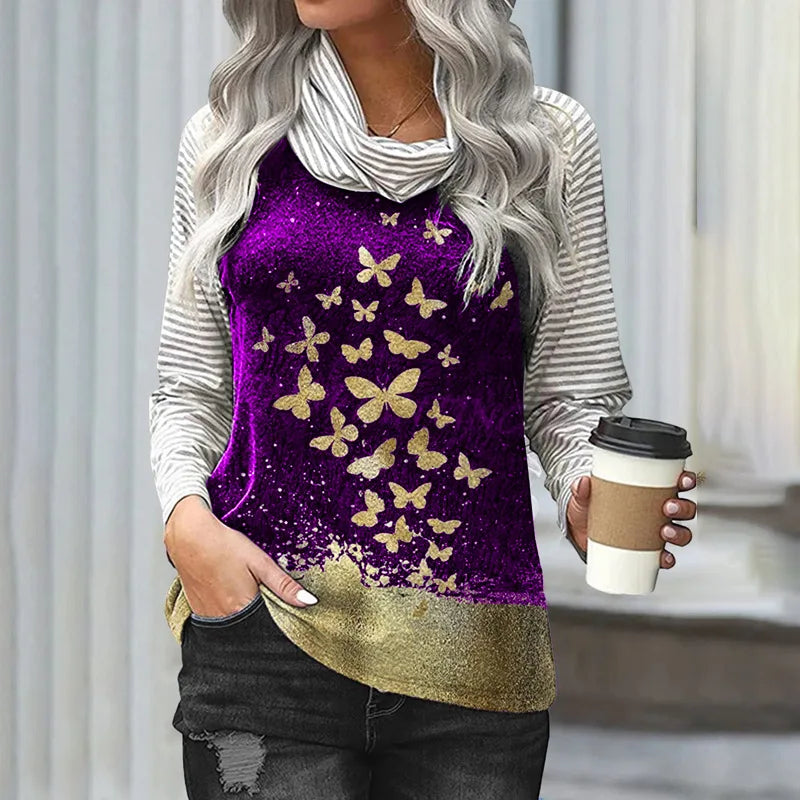 Women's Polyester Turtleneck Long Sleeves Striped Pattern Tops