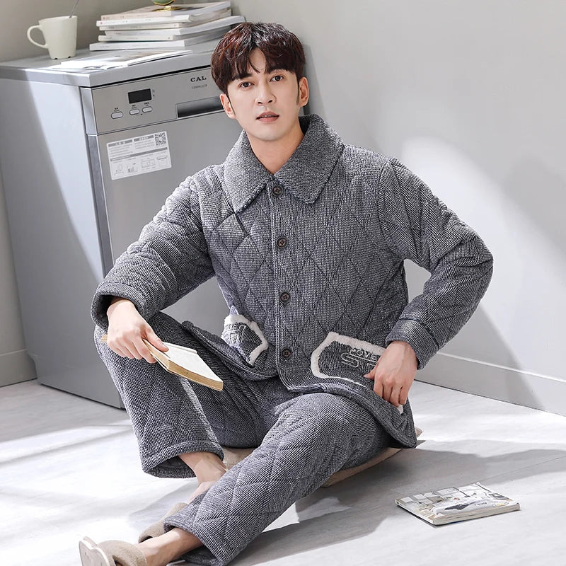 Men's Flannel Turn-Down Collar Long Sleeves Solid Pajamas Sets