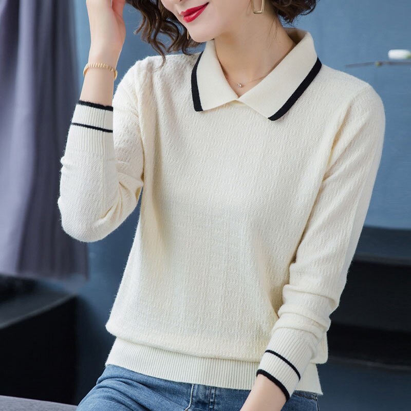 Women's Cotton Turn-Down Collar Full Sleeve Plain Pattern Sweater