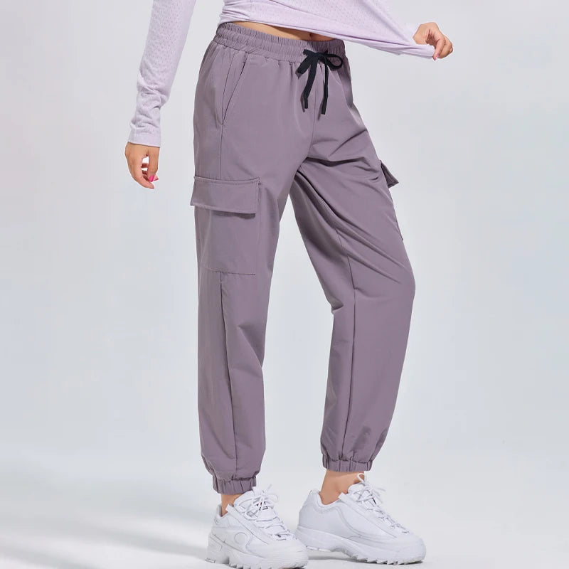 Women's Nylon High Waist Solid Pattern Fitness Sports Trousers