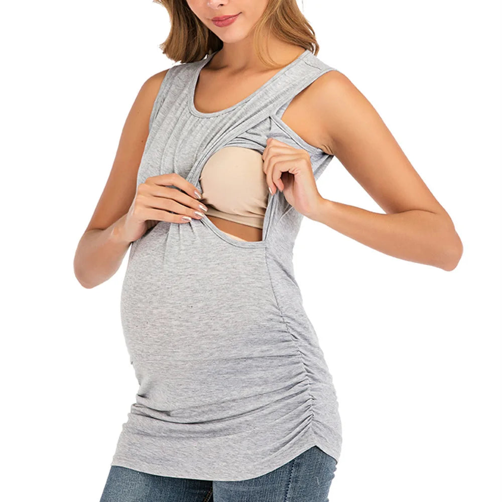 Women's Polyester O-Neck Sleeveless Solid Pattern Maternity Top