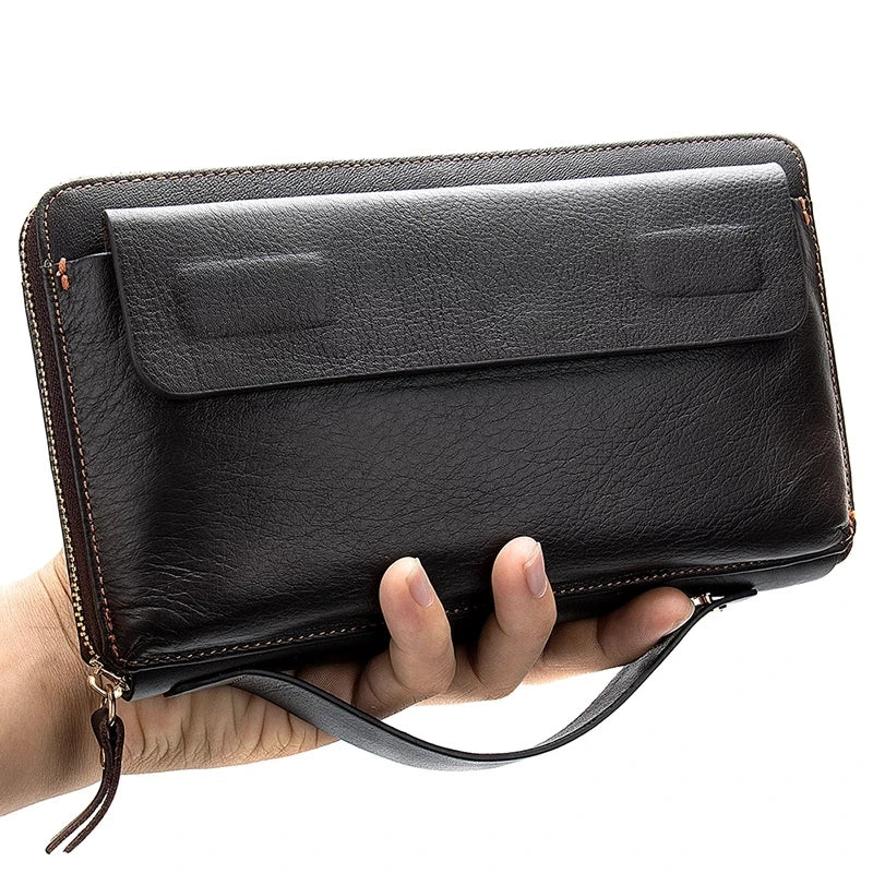 Men's Genuine Leather Zipper Closure Card Holder Solid Wallet