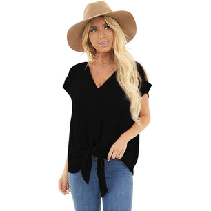 Women's Polyester V-Neck Short Sleeve Solid Pattern Casual Tops