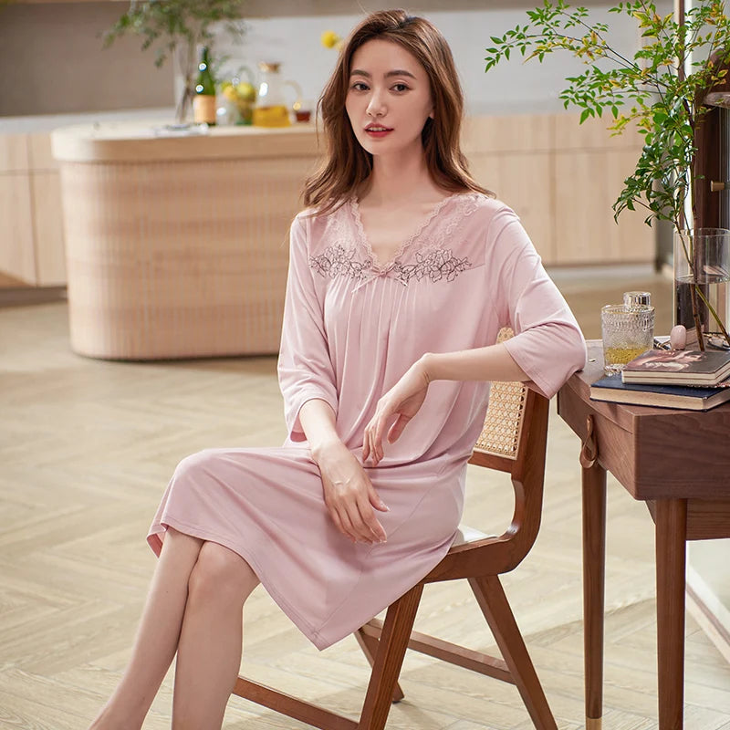 Women's V-Neck Spandex Long Sleeves Nightgown Sleepwear Dress