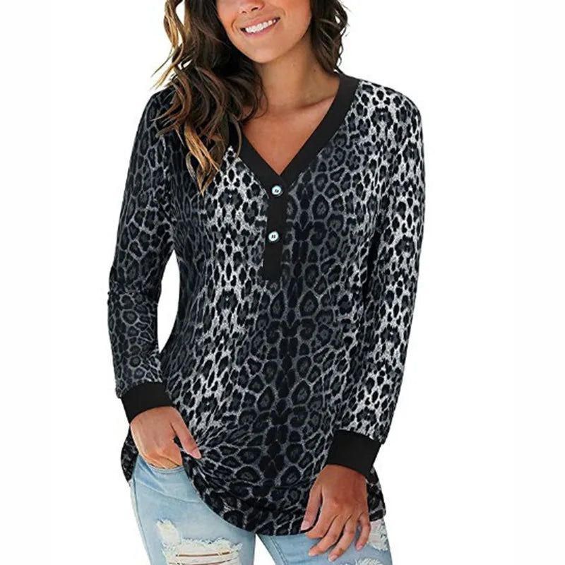 Women's Polyester V-Neck Long Sleeve Leopard Pattern Casual Tops