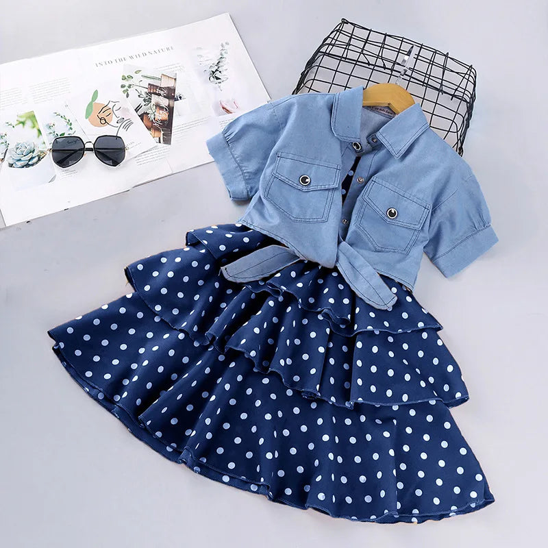 Kid's Cotton Turn-Down Collar Short Sleeve Dotted Pattern Clothes