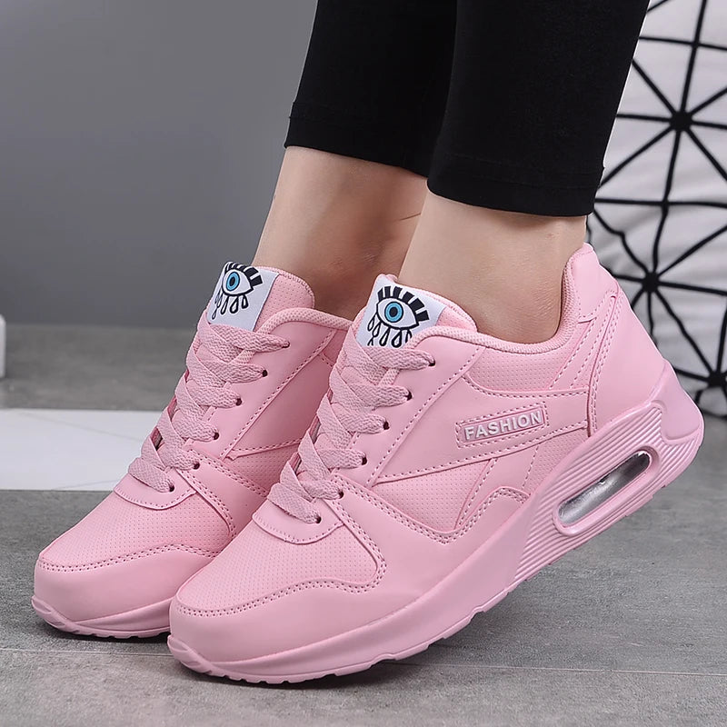 Women's Leather Round Toe Lace-Up Closure Jogging Sports Sneakers