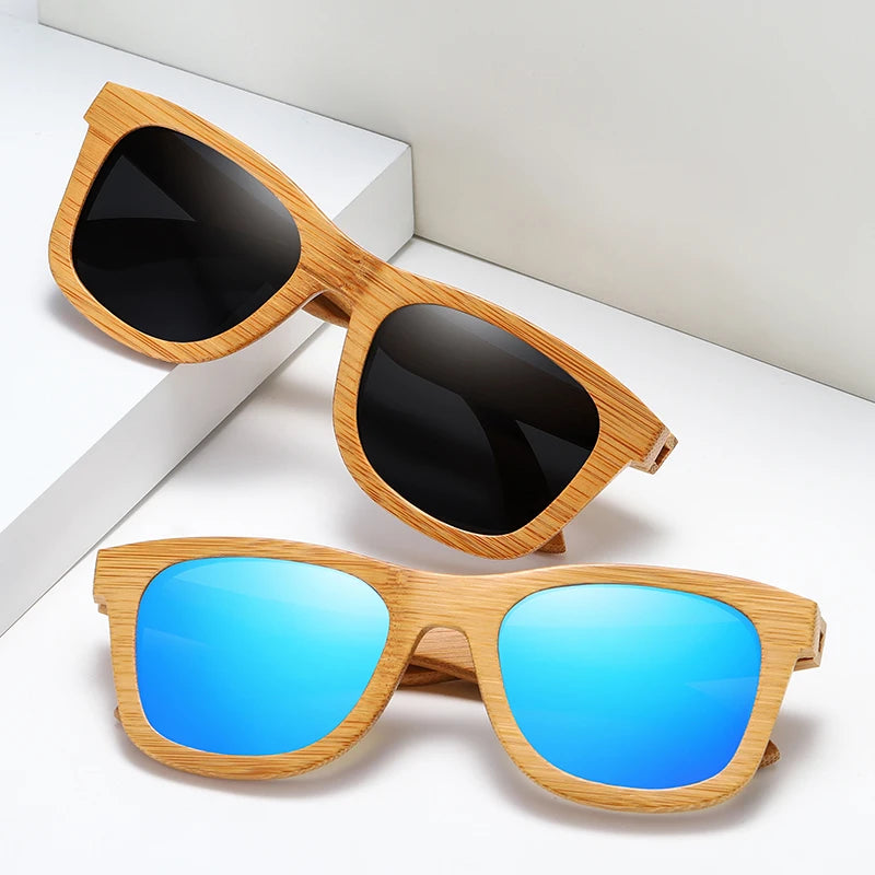 Women's Bamboo Frame Polaroid Lens Square Shaped Sunglasses