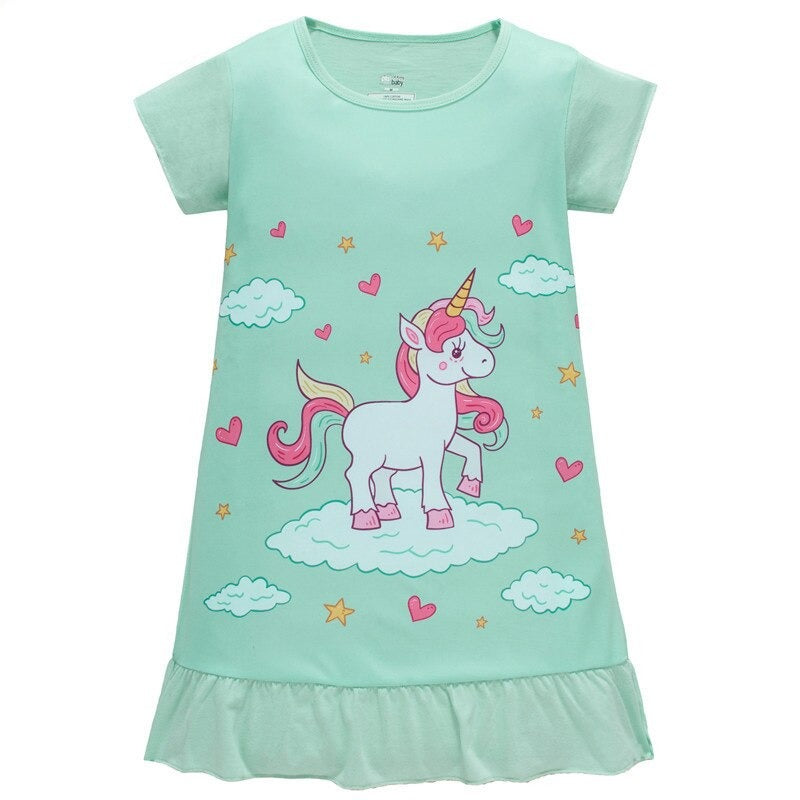 Kid's O-Neck Cotton Short Sleeves Unicorn Pattern Nightgowns