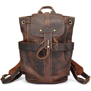 Men's Genuine Leather Solid Pattern Zipper Closure Backpack