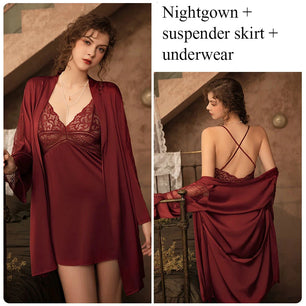 Women's Silk V-Neck Long Sleeve Patchwork Pattern Sleepwear Dress