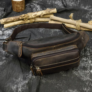 Men's Genuine Leather Zipper Closure Solid Pattern Waist Pack