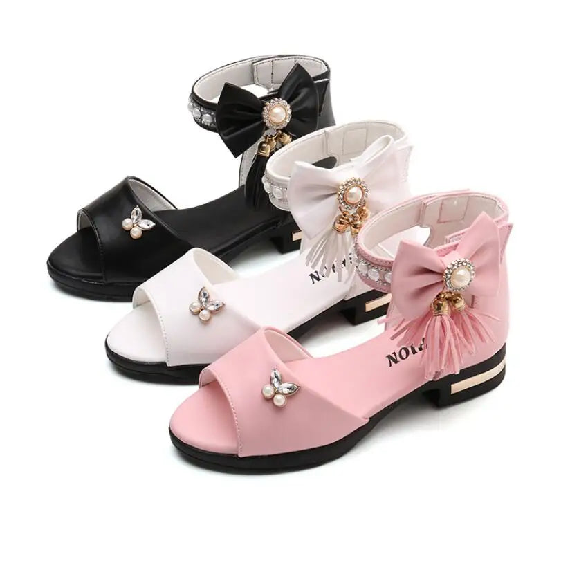 Kid's PU Peep Toe Rhinestone Pattern Hook Loop Closure Sandals