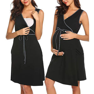 Women's Polyester V-Neck Sleeveless Solid Pattern Maternity Dress