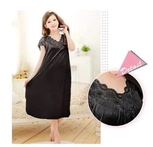 Women's Silk V-Neck Short Sleeves Solid Pattern Sleepwear Dress