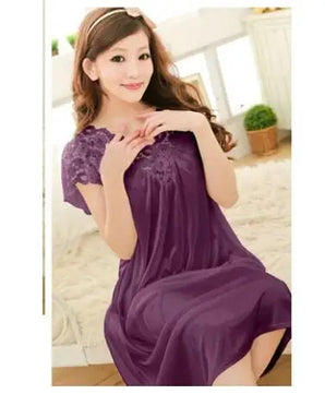 Women's Silk V-Neck Short Sleeves Solid Pattern Sleepwear Dress