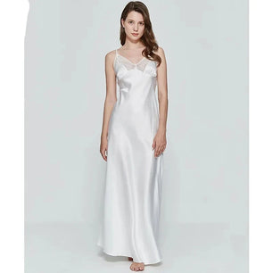 Women's Silk V-Neck Sleeveless Patchwork Casual Nightwear Gown