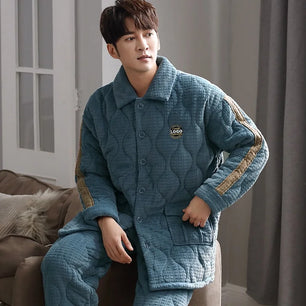 Men's Flannel Turn-Down Collar Full Sleeves Sleepwear Pajamas Set