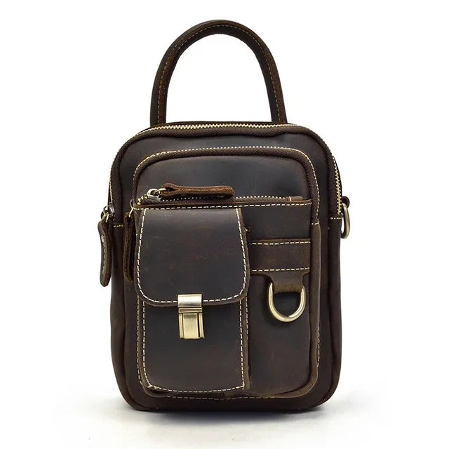 Men's Genuine Leather Zipper Closure Solid Pattern Shoulder Bag