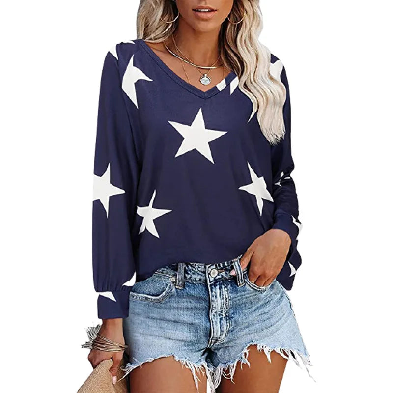 Women's Acrylic V-Neck Long Sleeve Printed Pattern Casual Tops