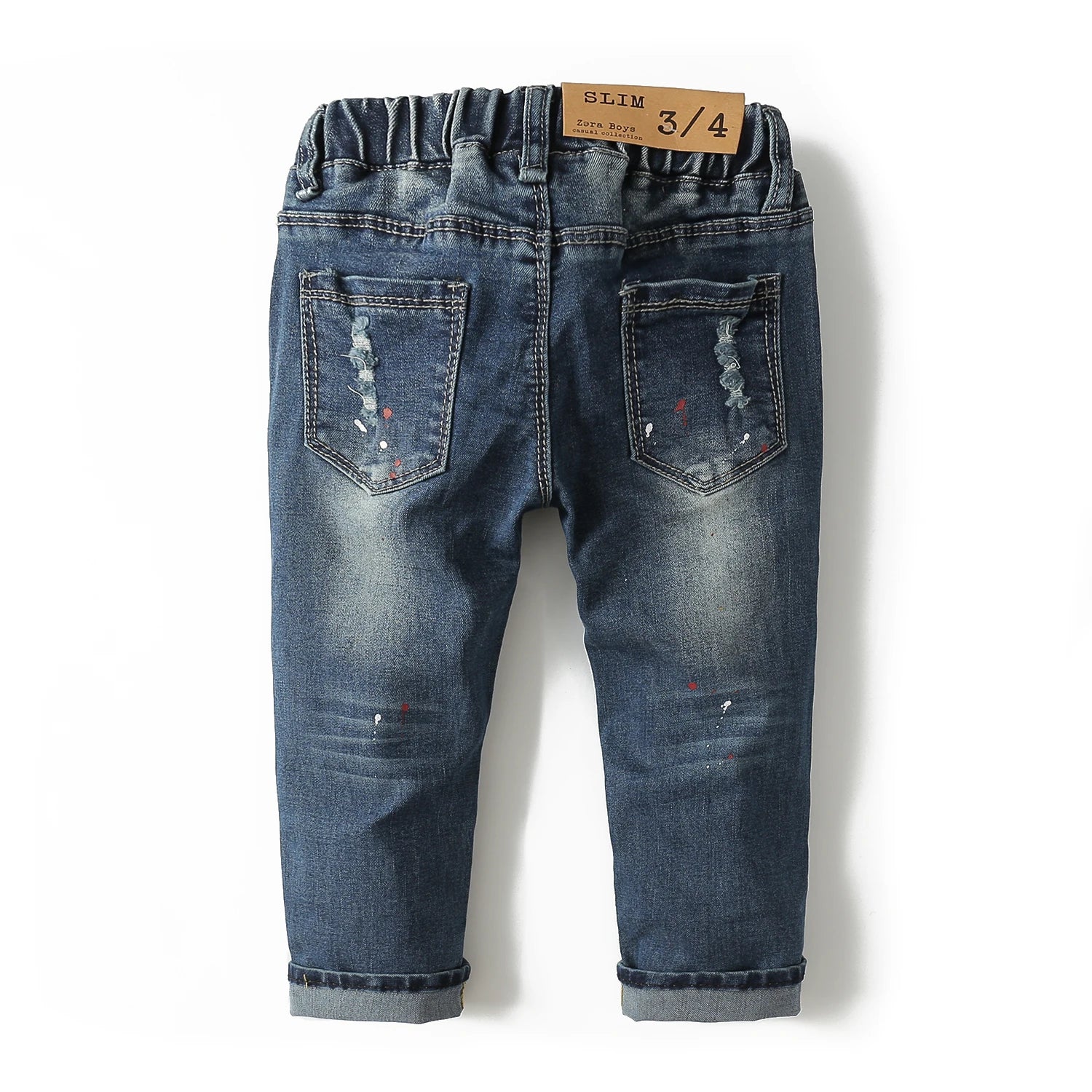 Kid's Cotton Elastic Waist Closure Ripped Denim Casual Jeans