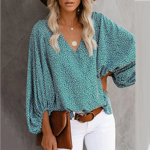 Women's V-Neck Polyester Long Sleeve Printed Pattern Blouses