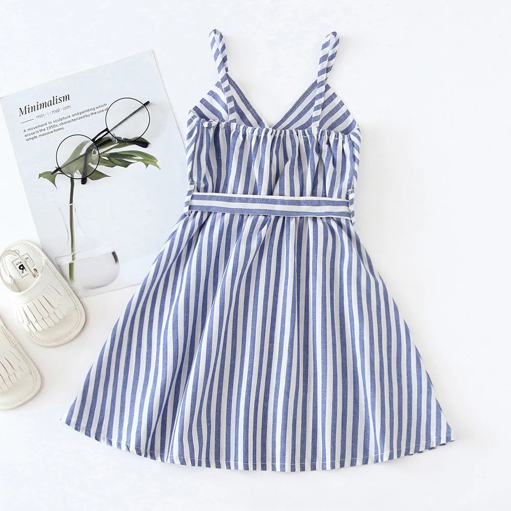 Kid Girl's V-Neck Cotton Sleeveless Striped Pattern Elegant Dress