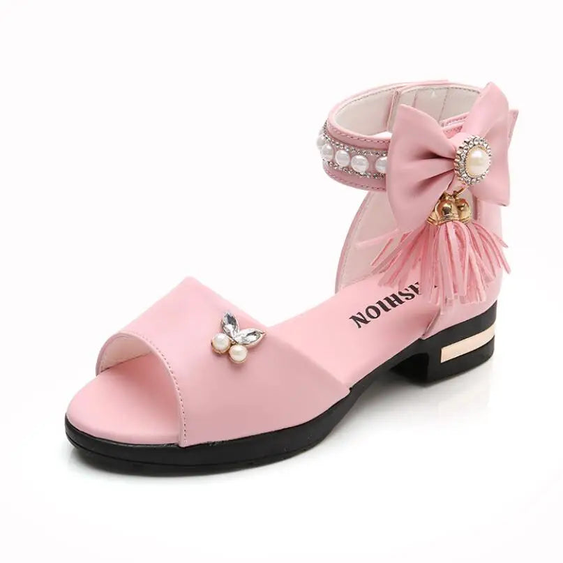 Kid's PU Peep Toe Rhinestone Pattern Hook Loop Closure Sandals