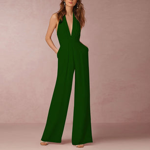 Women's Polyester Sleeveless Mid Waist Plain Elegant Jumpsuit