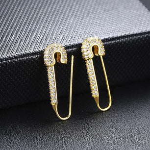 Women's Copper Cubic Zirconia Trendy Safety Pin Shape Earrings