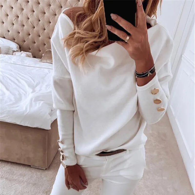 Women's Polyester Diagonal-Neck Long Sleeves Casual Wear Blouse