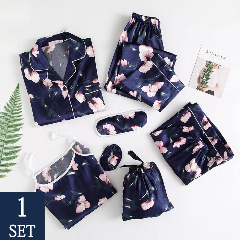 Women's Silk Turn-Down Collar Full Sleeve Printed Sleepwear Dress