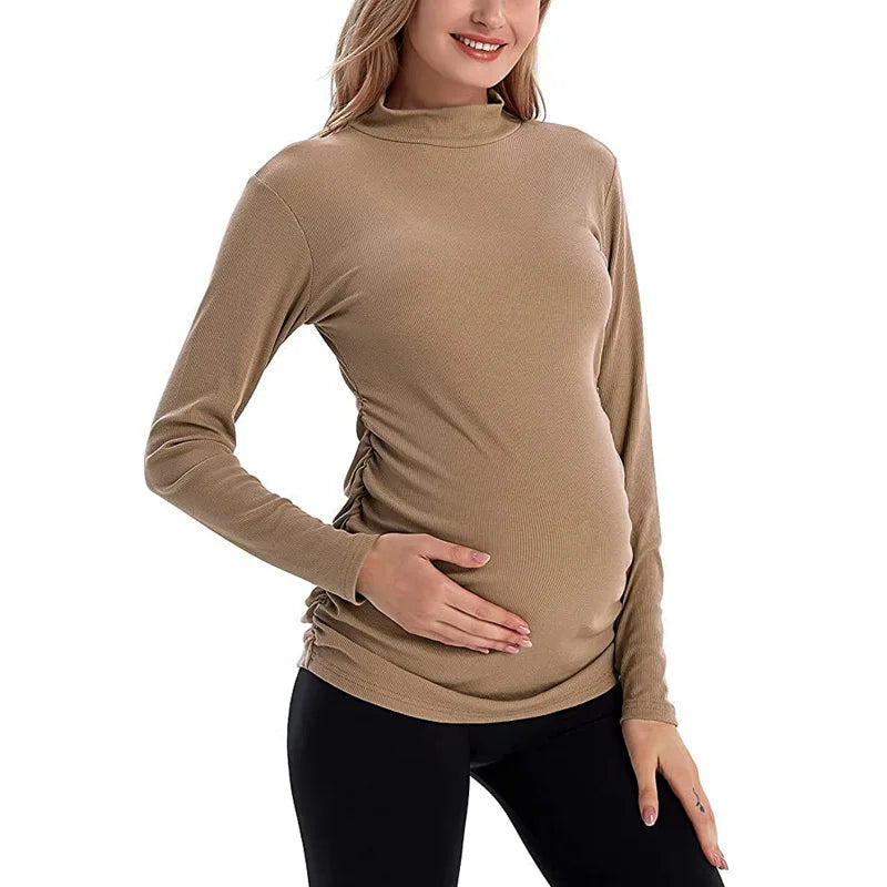 Women's Polyester Turtleneck Long Sleeves Solid Maternity T-Shirt