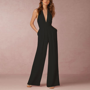 Women's Polyester Sleeveless Mid Waist Plain Elegant Jumpsuit