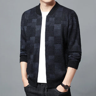 Men's V-Neck Full Sleeves Zipper Closure Plaid Casual Jacket