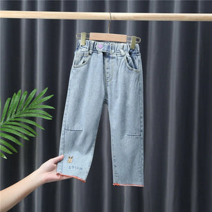 Kid's Cotton Mid Elastic Waist Closure Casual Wear Denim Pants