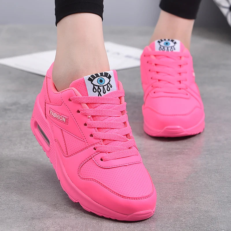 Women's Leather Round Toe Lace-up Closure Sports Wear Sneakers