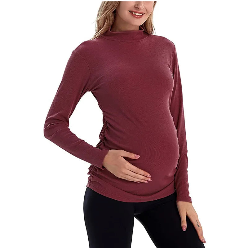 Women's Polyester Turtleneck Long Sleeves Solid Maternity T-Shirt