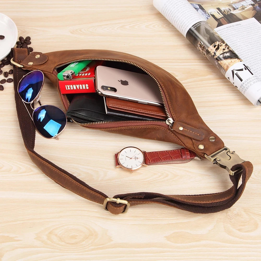 Men's Genuine Leather Zipper Closure Solid Pattern Waist Pack